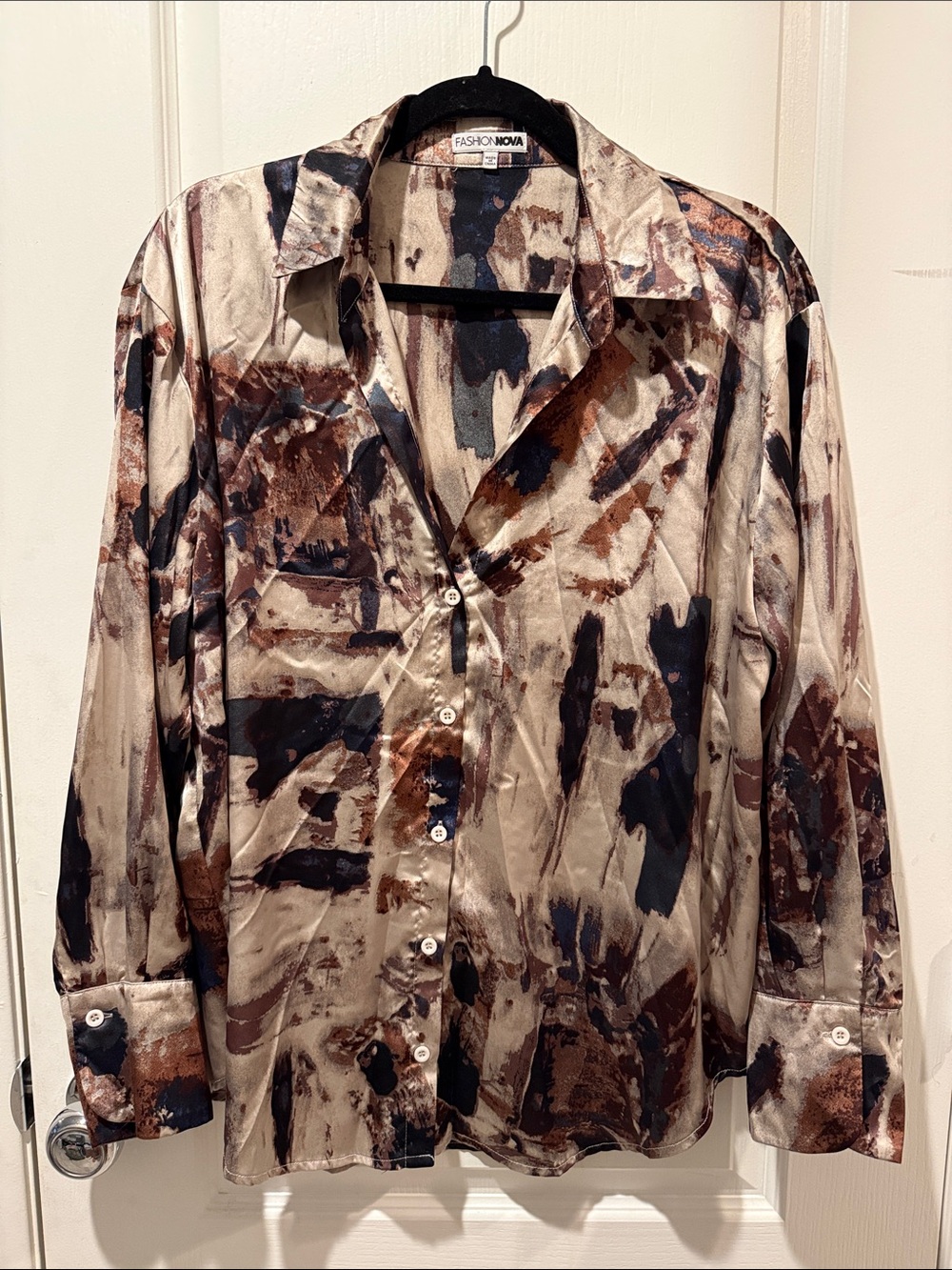 Fashion Nova Women's Abstract Brushstroke Button-Down Shirt - Beige Brown Black